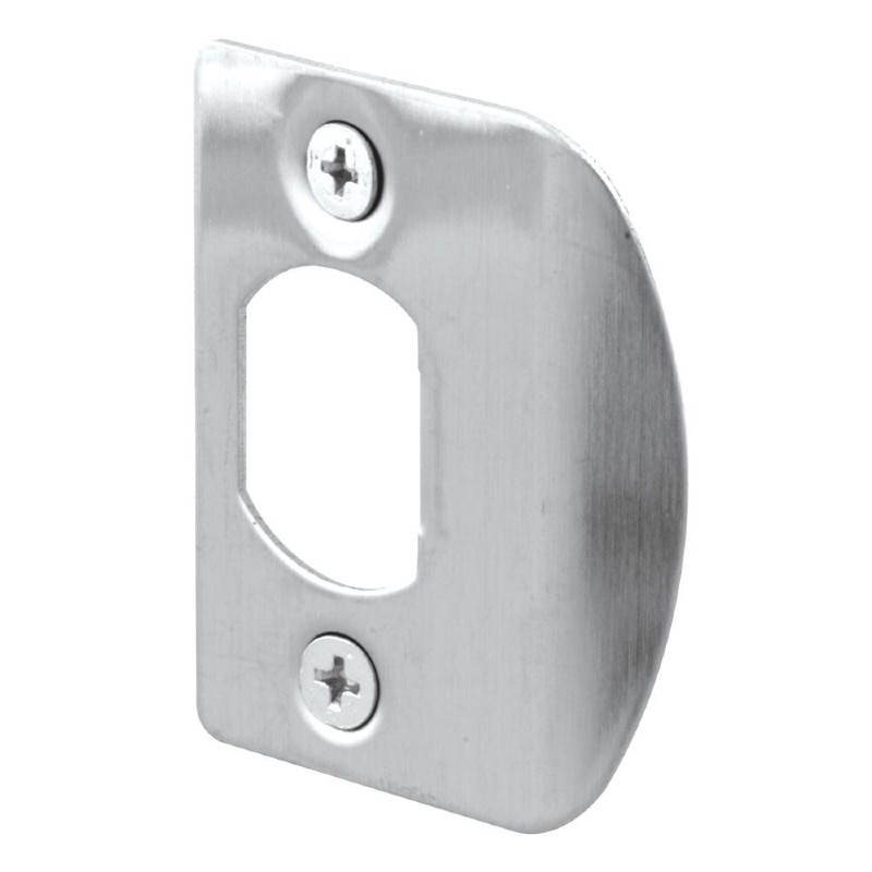 Door strike plate showing bolt hole and mounting points in door frame